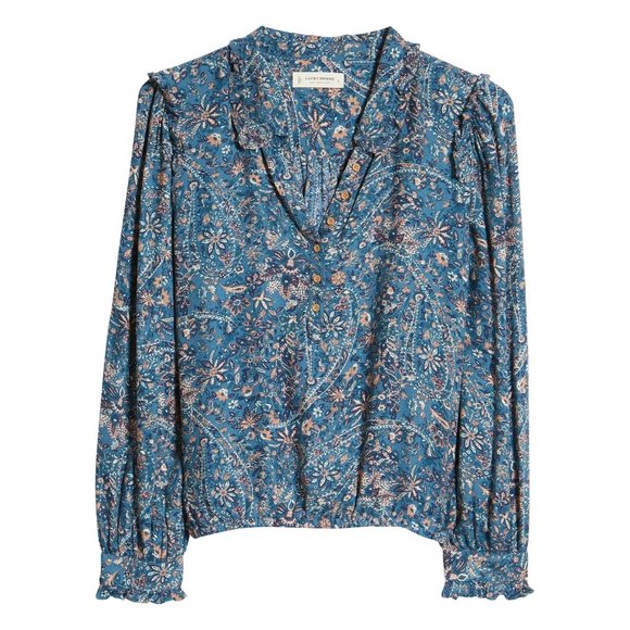 LUCKY BRAND Paisley Ruflle Collar Blouse XXL Blue NWT - Picture 3 of 7